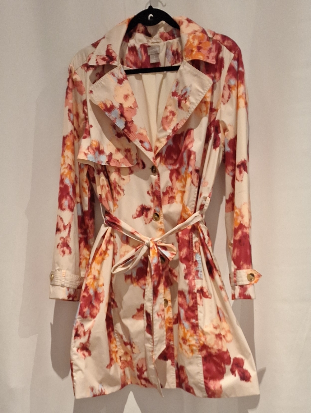 Chico's Floral Watercolor Trench Coat - Cream with Red & Orange Print